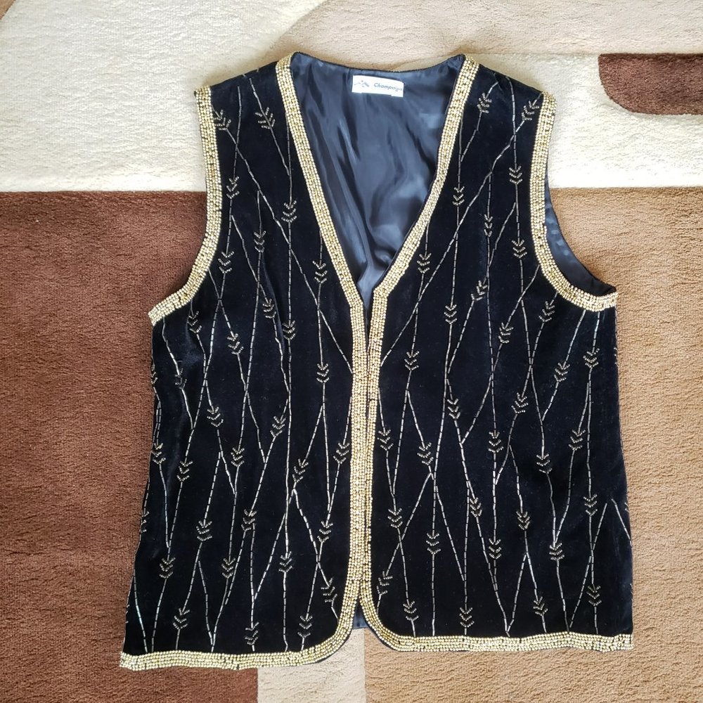 VTG Gold Beaded Black Velvet Velour Vest